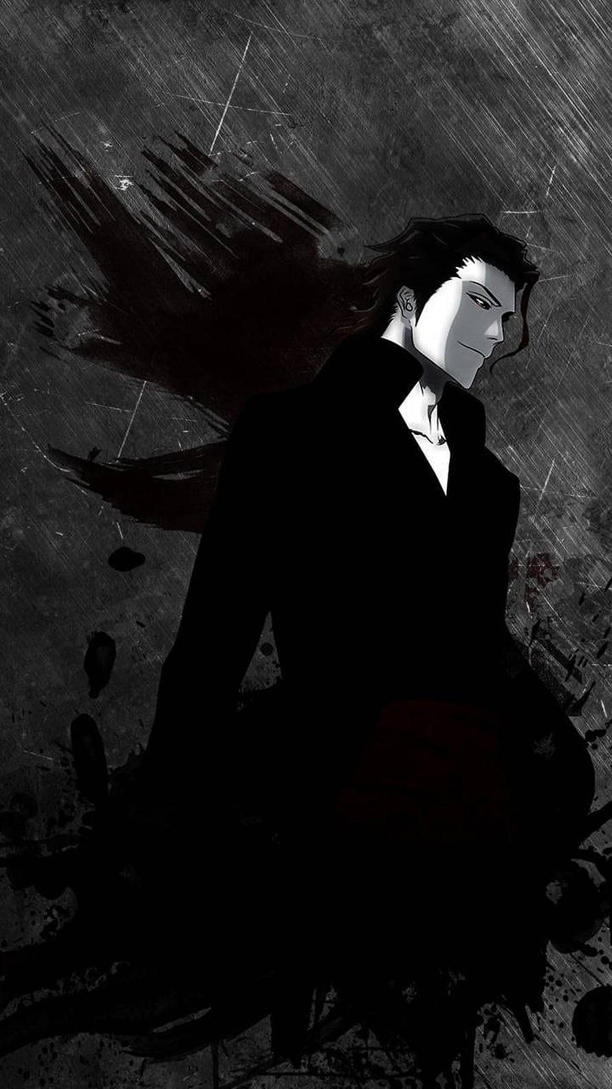 Sosuke Aizen Anime Character in Dark Suit with Dramatic Shadow and Ink Splatter Background HD phone wallpaper