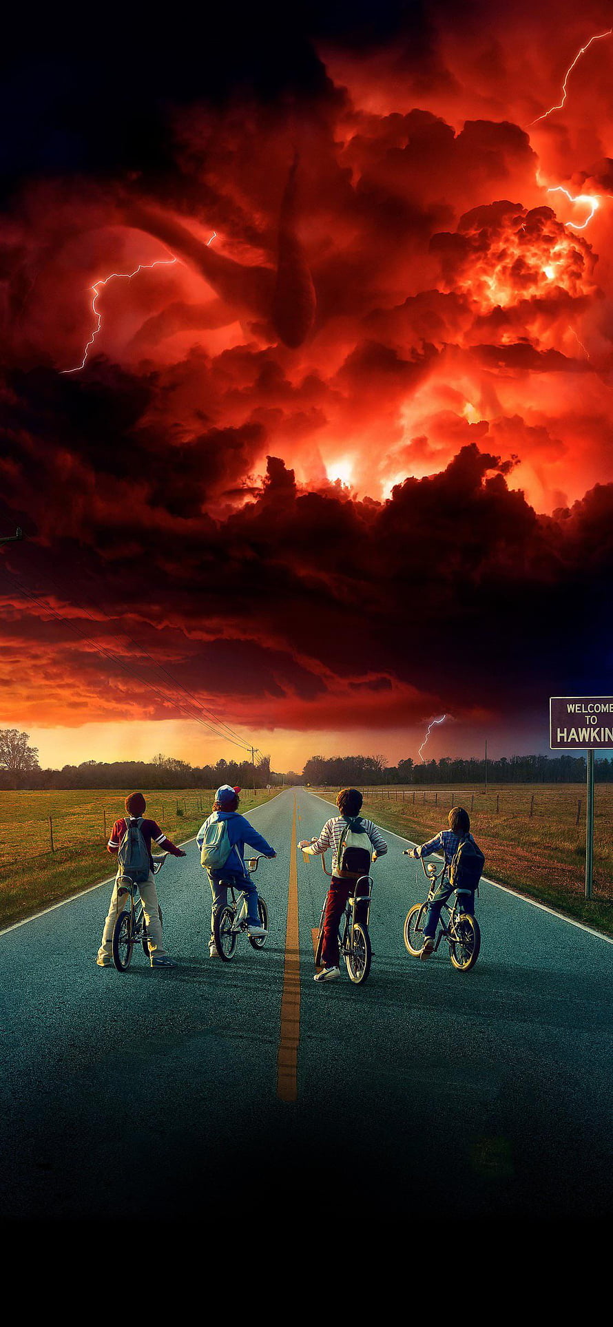 Stranger Things Kids on Bikes Under Dramatic Red Storm Sky HD phone wallpaper