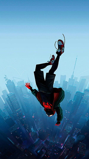 Miles Morales Spider-Man Falling Over City Skyline in Stylized Digital Art, Lock Screen Spiderman Live For , spider family HD phone wallpaper