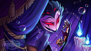 Stolas from Hazbin Hotel in a dramatic purple and blue fantasy illustration with glowing red eyes and magical elements HD wallpaper