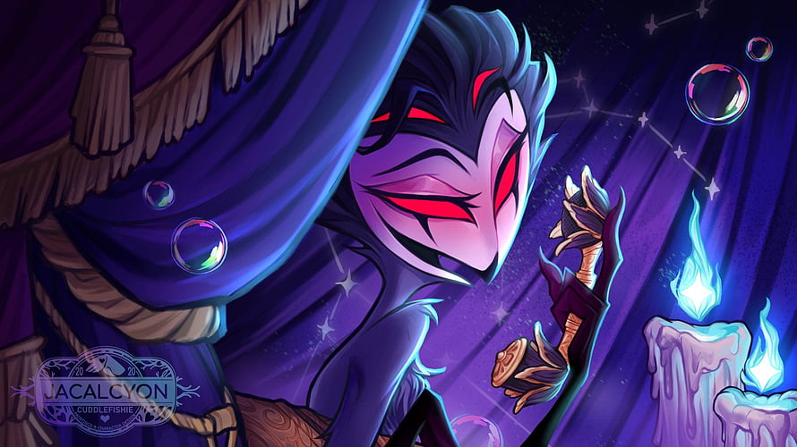 Stolas from Hazbin Hotel in a dramatic purple and blue fantasy illustration with glowing red eyes and magical elements HD wallpaper