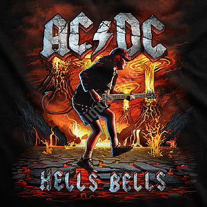 AC/DC Hells Bells Rock Artwork with Fiery Volcanic Landscape and Guitarist HD phone wallpaper