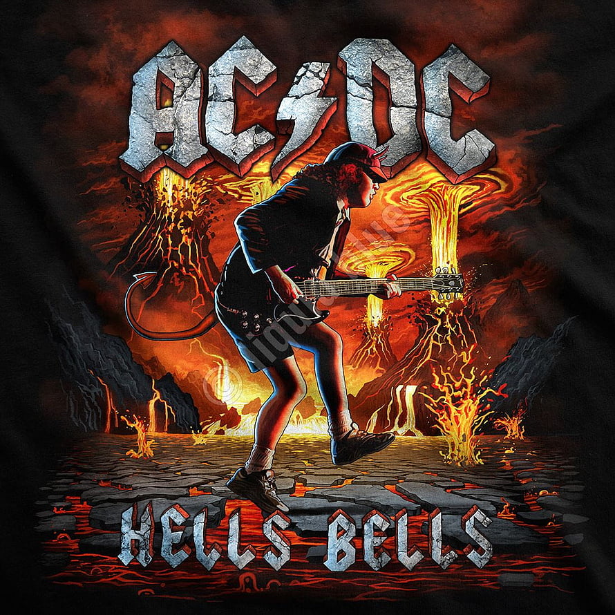AC/DC Hells Bells Rock Artwork with Fiery Volcanic Landscape and Guitarist HD phone wallpaper