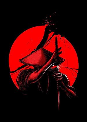 Dark Samurai Warrior Illustration with Katana and Red Moon HD phone wallpaper