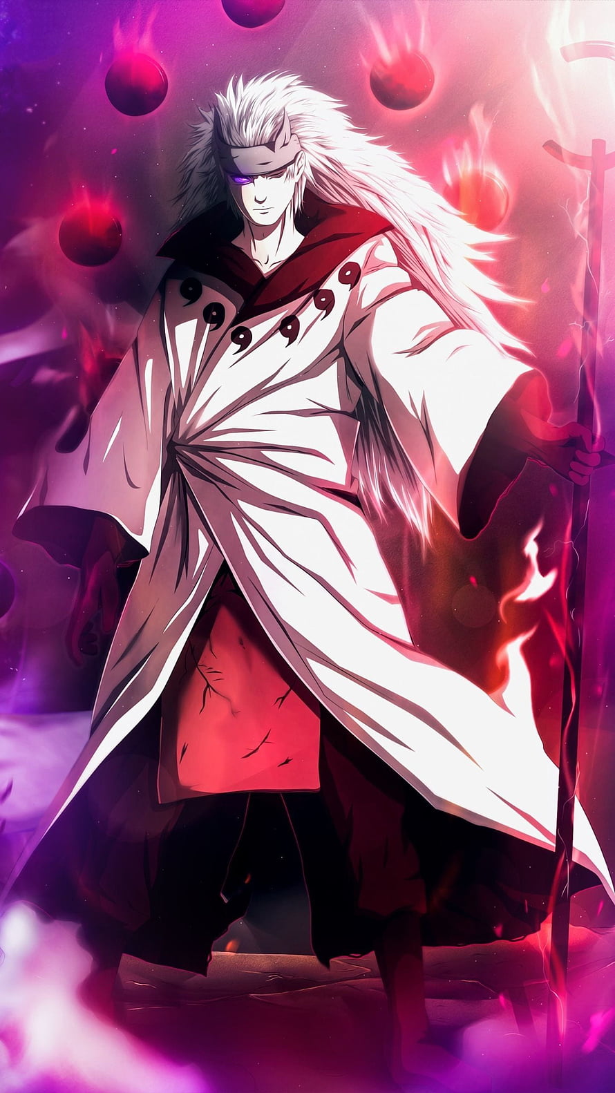 Madara Uchiha in White Cloak with Purple Energy Orbs and Fiery Aura HD phone wallpaper