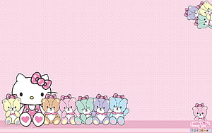 Hello Kitty and Tiny Chum pastel pink polka dot background with colorful teddy bears HD wallpaper
