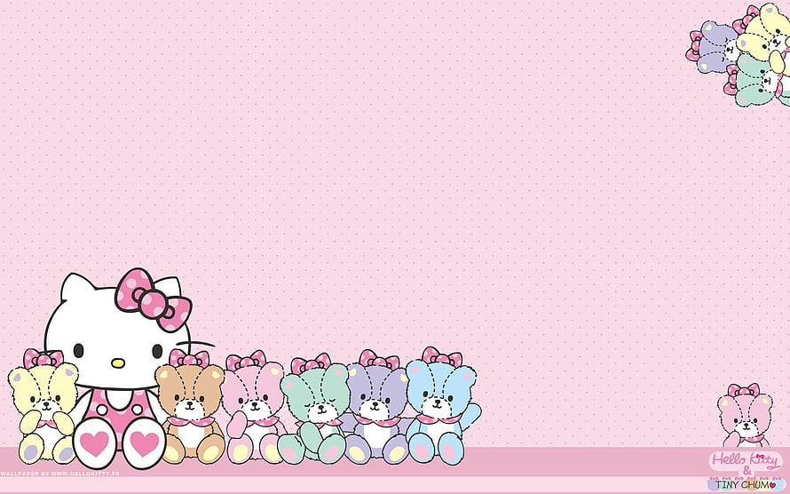 Hello Kitty and Tiny Chum pastel pink polka dot background with colorful teddy bears HD wallpaper