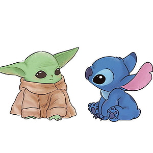 Cute Baby Yoda and Stitch Sitting Together in a Soft Digital Illustration HD wallpaper