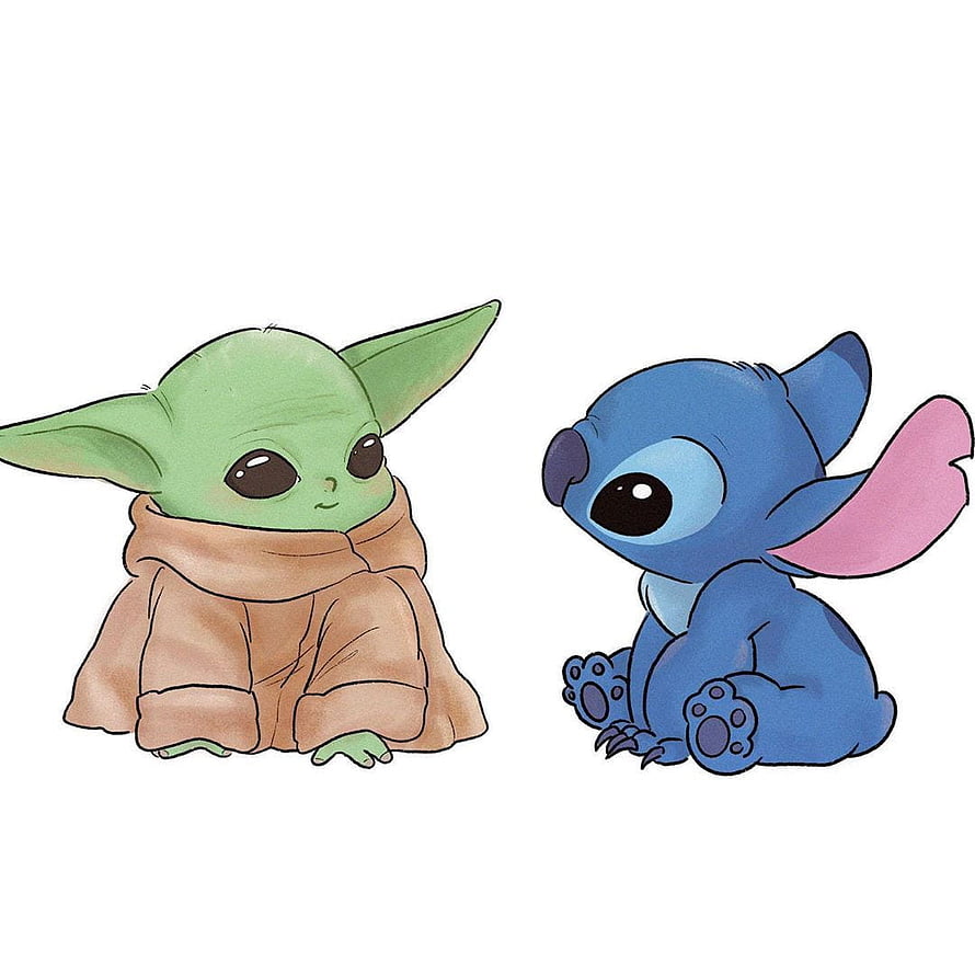 Cute Baby Yoda and Stitch Sitting Together in a Soft Digital Illustration HD wallpaper