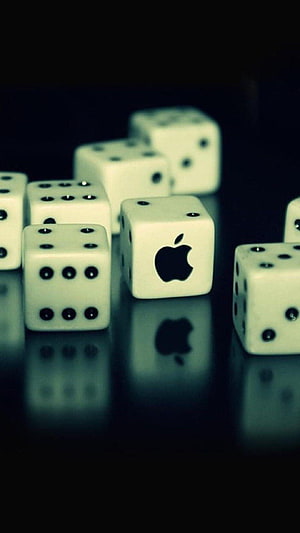 Apple Logo Die Among White Dice on Dark Reflective Surface HD phone wallpaper