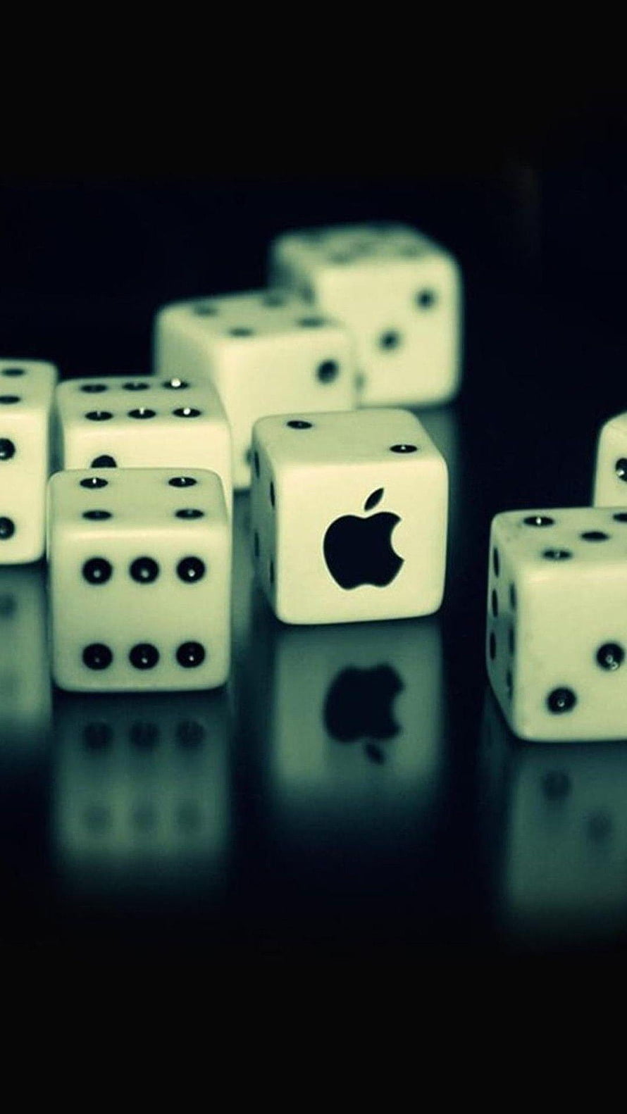 Apple Logo Die Among White Dice on Dark Reflective Surface HD phone wallpaper