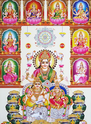 Lakshmi and Kubera Deity Artwork with Nine Forms and Sri Yantra Mandala HD phone wallpaper
