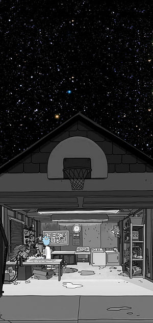 Rick and Morty Garage Interior Under Starry Night Sky HD phone wallpaper