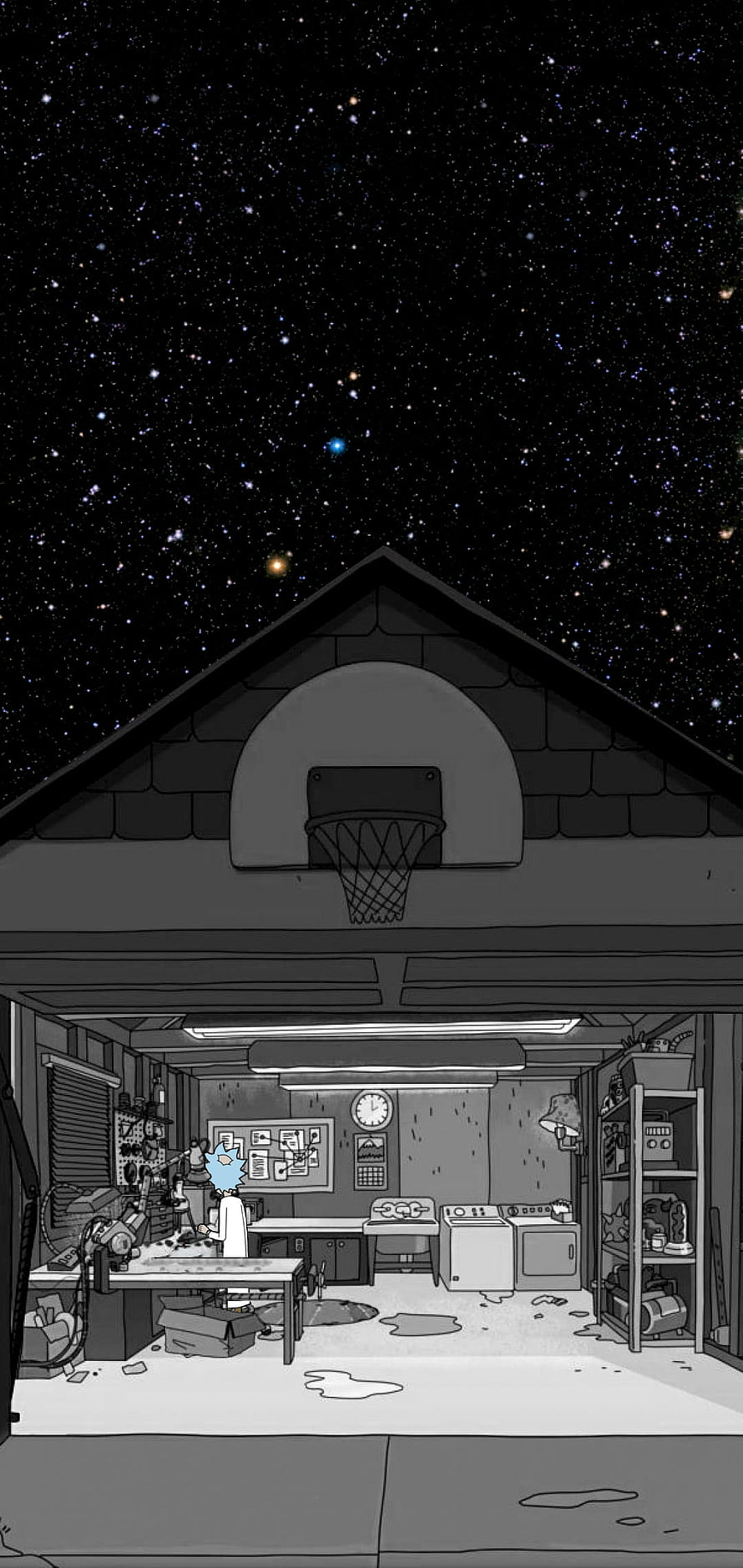 Rick and Morty Garage Interior Under Starry Night Sky HD phone wallpaper