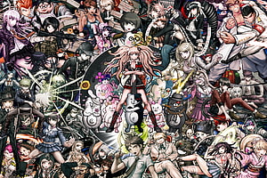 Danganronpa Ensemble Illustration Featuring Monokuma and Full Character Roster HD wallpaper