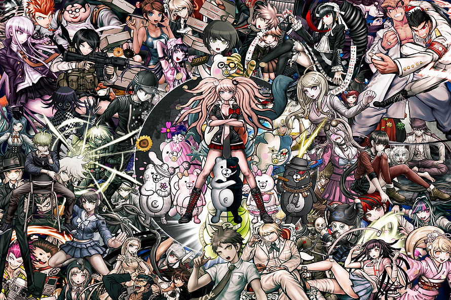 Danganronpa Ensemble Illustration Featuring Monokuma and Full Character Roster HD wallpaper