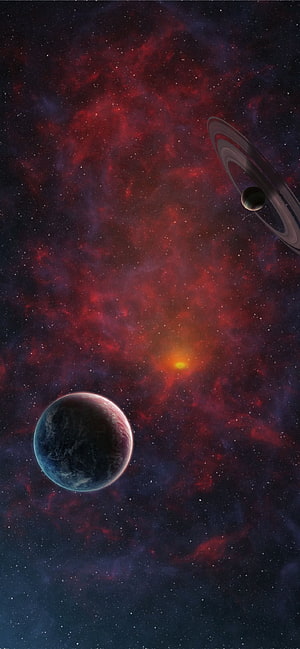Vivid Red Nebula and Ringed Planet in Deep Space Digital Art HD phone wallpaper