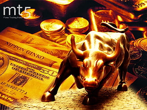 Golden Bull Statue on Currency and Gold Coins Symbolizing Forex Market Growth HD wallpaper