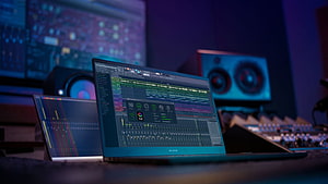 Razer Laptop in a Professional Music Production Studio with Audio Workstation and Studio Monitors HD wallpaper