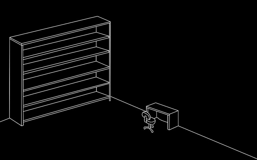 Minimalist isometric line art of an empty bookshelf and desk in a dark room HD wallpaper