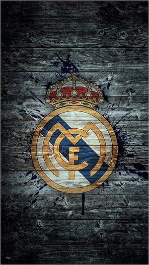 Real Madrid Club Crest on Dark Weathered Wood with Blue Ink Splatter HD phone wallpaper