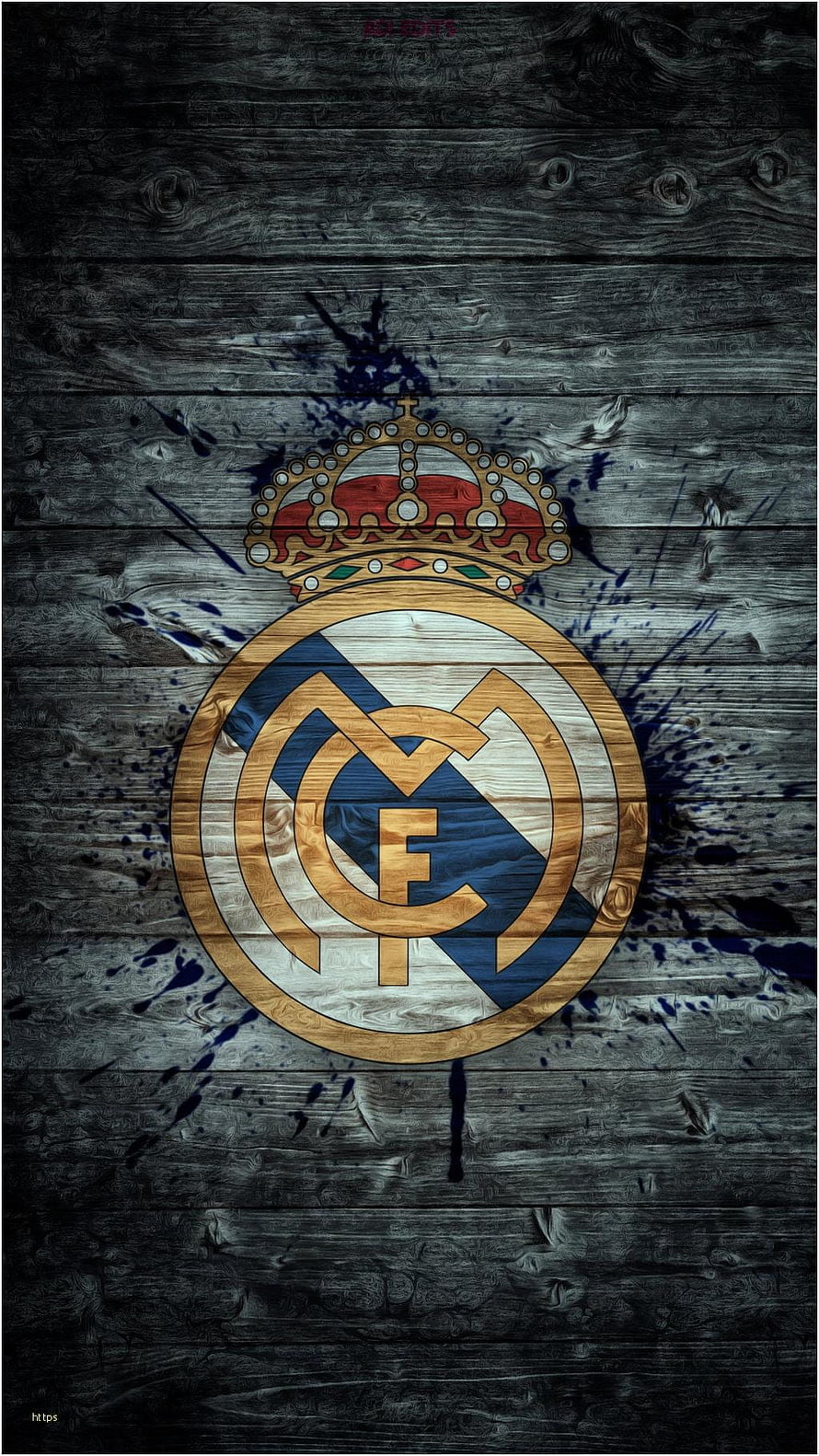 Real Madrid Club Crest on Dark Weathered Wood with Blue Ink Splatter HD phone wallpaper