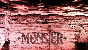 Monster Anime Confrontation Scene With Two Characters In A Desolate Landscape HD wallpaper