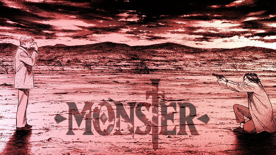 Monster Anime Confrontation Scene With Two Characters In A Desolate Landscape HD wallpaper