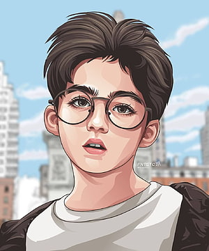 Digital Illustration of a Young Man with Round Glasses and Brown Hair Against a City Skyline, Cartoon DP Boy For Whatsapp, handsome boy cartoon HD phone wallpaper