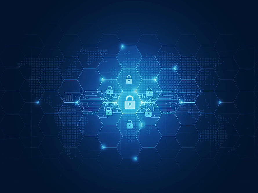 Cybersecurity Concept with Glowing Lock Icons on Hexagonal Circuit Board Background HD wallpaper