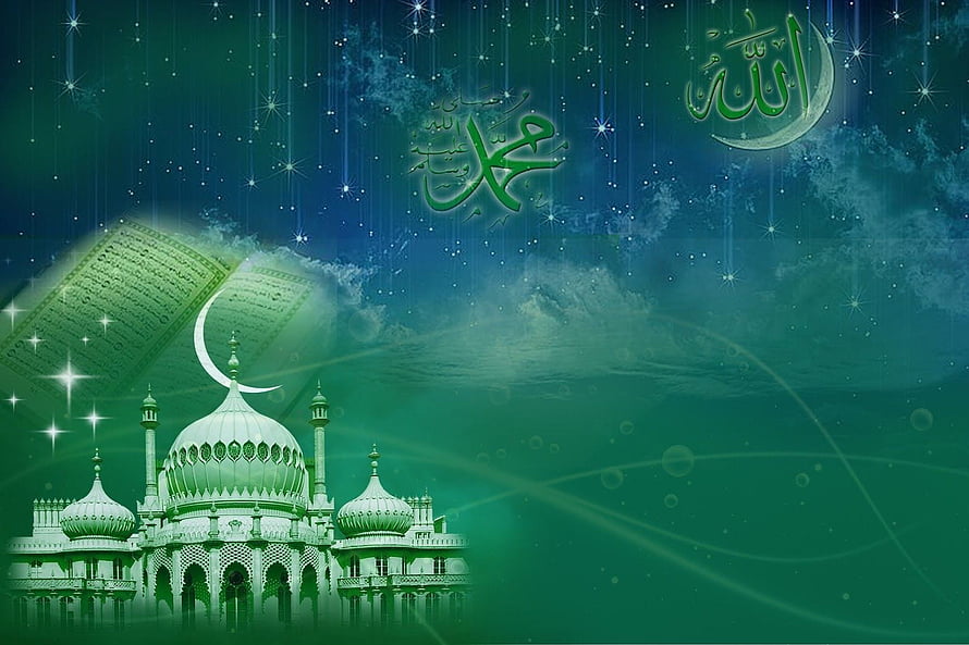 Islamic Eid al-Fitr Wallpaper with Mosque, Quran, and Crescent Moon in Green Tones HD wallpaper