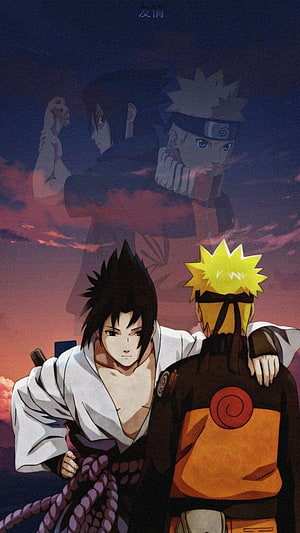Naruto and Sasuke Friendship Artwork with Sunset Sky and Ghostly Overlay HD phone wallpaper