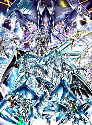 Yu-Gi-Oh! Blue-Eyes White Dragon and Variants in Dynamic Anime Illustration HD phone wallpaper