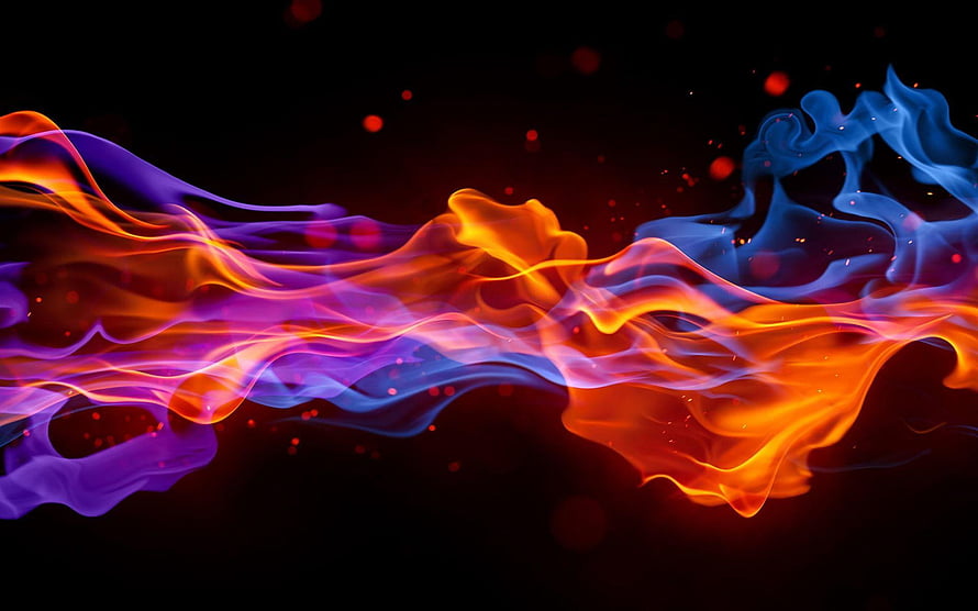 Vibrant Fire and Water Smoke Swirls in Neon Purple, Orange, and Blue on Black Background HD wallpaper