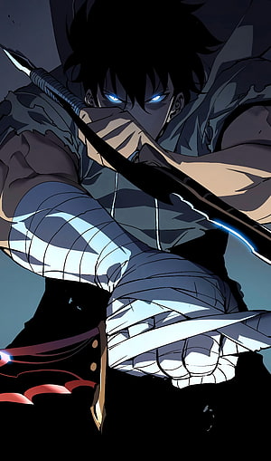 Solo Leveling Anime Character with Glowing Blue Eyes and Sword in Dark Combat Pose HD phone wallpaper