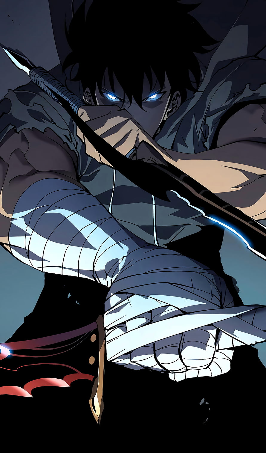 Solo Leveling Anime Character with Glowing Blue Eyes and Sword in Dark Combat Pose HD phone wallpaper