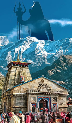 Kedarnath Temple with Snow-Capped Himalayan Peaks and a Mythical Silhouette in the Sky HD phone wallpaper