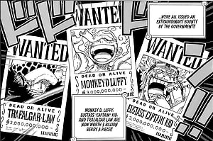One Piece Manga Panel Featuring Monkey D Luffy, Trafalgar Law, and Eustass Kid Wanted Posters HD wallpaper