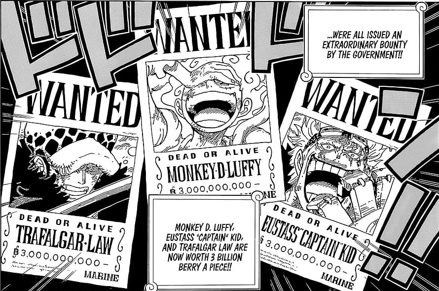One Piece Manga Panel Featuring Monkey D Luffy, Trafalgar Law, and Eustass Kid Wanted Posters HD wallpaper