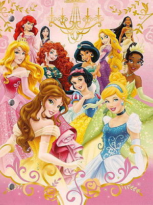 Disney Princess Group Portrait in Elegant Ball Gowns with Pink Floral Background HD phone wallpaper