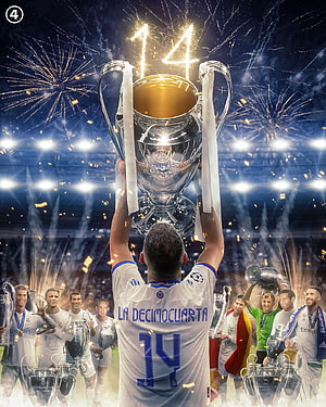 Real Madrid Celebrating Their 14th UEFA Champions League Title With Fireworks And Trophies HD phone wallpaper