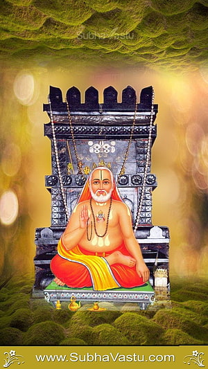 Raghavendra Swamy seated in meditation on a stone shrine with golden light and mossy landscape HD phone wallpaper