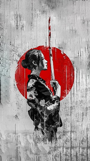Yakuza Girl Holding Bloodied Katana Against Red Sun Circle HD phone wallpaper