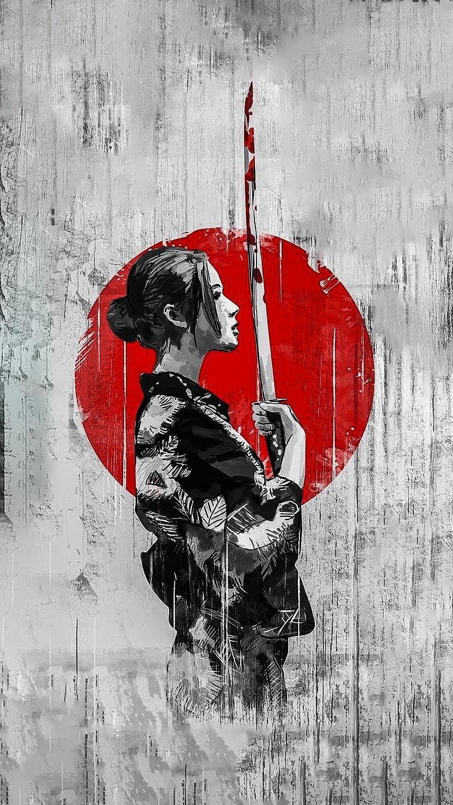 Yakuza Girl Holding Bloodied Katana Against Red Sun Circle HD phone wallpaper
