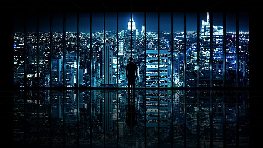 Silhouette of a man standing in a high-rise office overlooking a sprawling city skyline at night, Ultra Windows, windows ultra HD wallpaper
