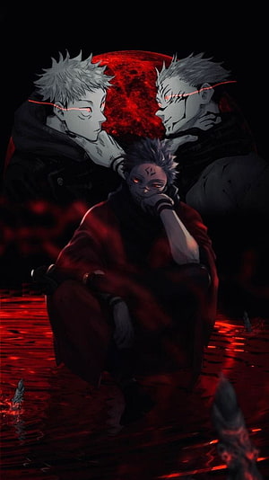 Ryomen Sukuna Jujutsu Kaisen Dark Anime Artwork with Red Moon and Blood Pool HD phone wallpaper