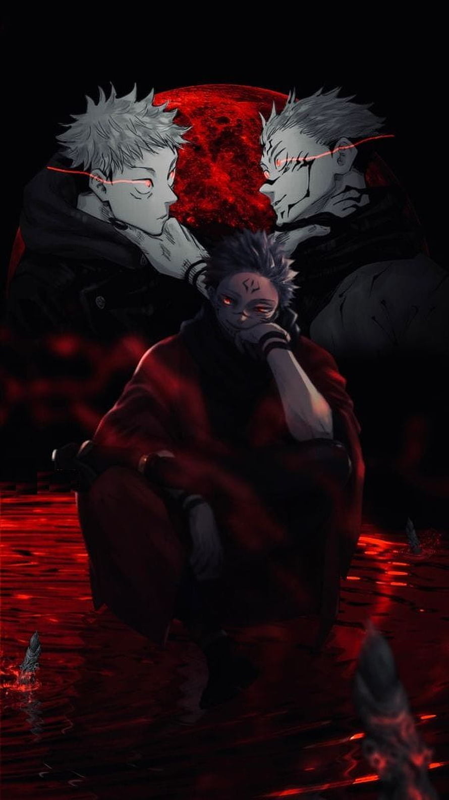 Ryomen Sukuna Jujutsu Kaisen Dark Anime Artwork with Red Moon and Blood Pool HD phone wallpaper