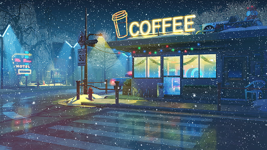 Cozy Lo-Fi Coffee Shop at Night with Snowfall and Neon Signage HD wallpaper