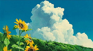 Sunflowers in a Lush Green Field Under a Dramatic Cumulus Cloud Sky HD wallpaper