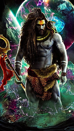 Mighty Hanuman Warrior with Cosmic Energy and Trishul Staff HD phone wallpaper
